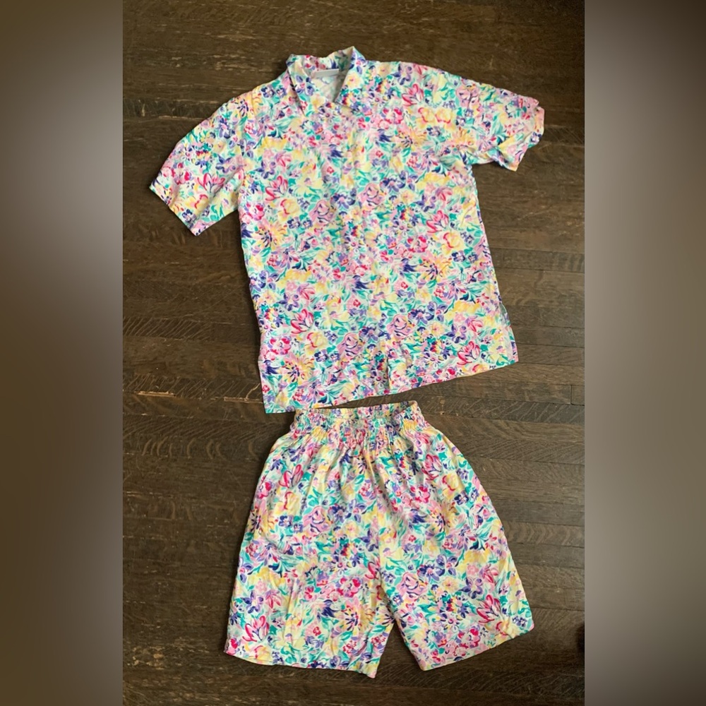 Vintage Brass Plum Nordstrom Floral 2piece Short Set Petite 8 Rayon